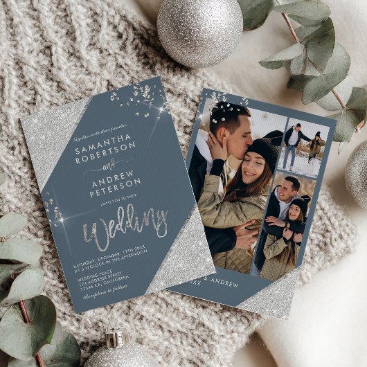 Modern Ice Blue en Silver Glitter 3-foto bruiloft Kaart