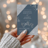 Modern Ice Blue en Silver Glitter 3-foto bruiloft Kaart