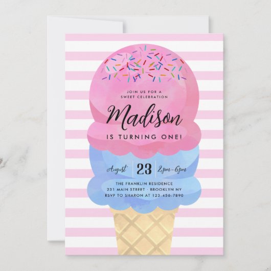 Modern Ice Cream Blush Roze Blauw Kids Verjaardag Kaart (Voorkant)