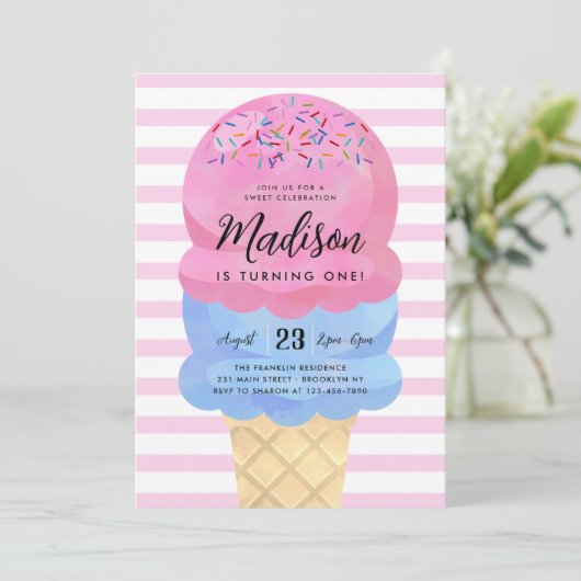 Modern Ice Cream Blush Roze Blauw Kids Verjaardag Kaart (Staand voorkant)