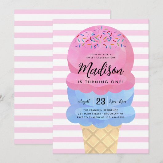 Modern Ice Cream Blush Roze Blauw Kids Verjaardag Kaart (Voorkant / Achterkant)