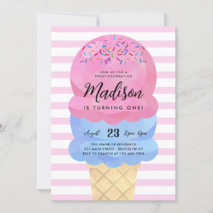 Modern Ice Cream Blush Roze Blauw Kids Verjaardag Kaart