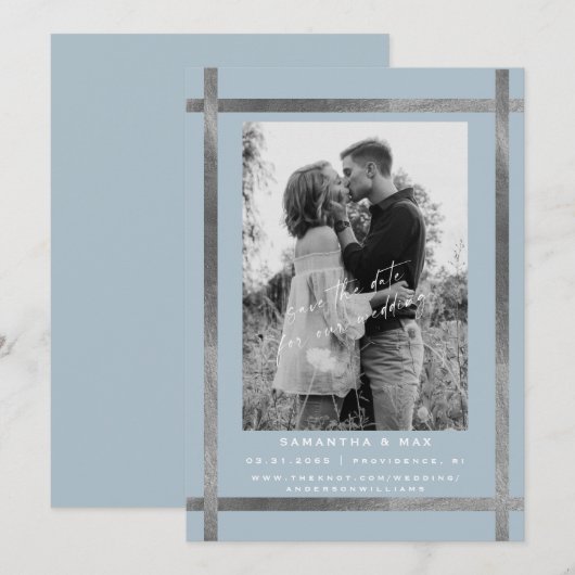 Modern Icy Blue & Zilveren foto bruiloft Kaart (Voorkant / Achterkant)