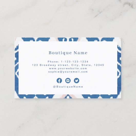 Modern ikat blue white professional visitekaartje (Achterkant)