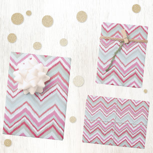 Modern Ikat Chevron Stripe Abstract Roze Groen Inpakpapier Vel