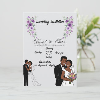 Modern Illustrated Black Couple Wedding Invitation Kaart