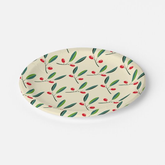 Modern Illustrated Red Berries Pattern Papieren Bordje (Gekanteld)
