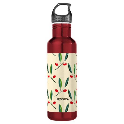 Modern Illustrated Red Berries Pattern Personalise Waterfles (Voorkant)