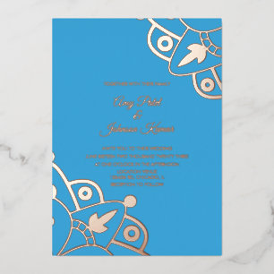 Modern Indian Mandala Blue Wedding geperst Folie Uitnodiging