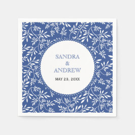 Modern indigo blauw wit blad patroon bruiloft servetten