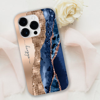 Modern Indigo Blue Agaat & Roos Gold Confetti Leaf Case-Mate iPhone 14 Pro Hoesje