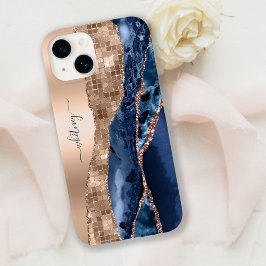 Modern Indigo Blue Agaat & Roos Gold Confetti Leaf Case-Mate iPhone 14 Hoesje