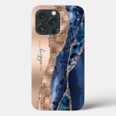 Modern Indigo Blue Agaat & Roos Gold Confetti Leaf Case-Mate iPhone Case (Achterkant)