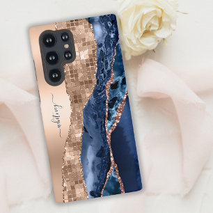 Modern Indigo Blue Agaat & Roos Gold Confetti Leaf Samsung Galaxy S10 Hoesje