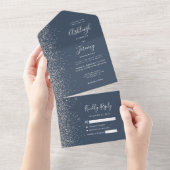 Modern Indigo Blue Silver Glitter Wedding All In One Uitnodiging (Afscheurbaar)