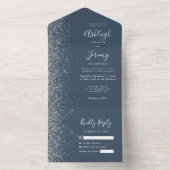 Modern Indigo Blue Silver Glitter Wedding All In One Uitnodiging (Binnen)