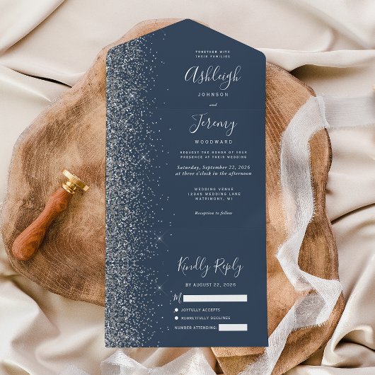 Modern Indigo Blue Silver Glitter Wedding All In One Uitnodiging