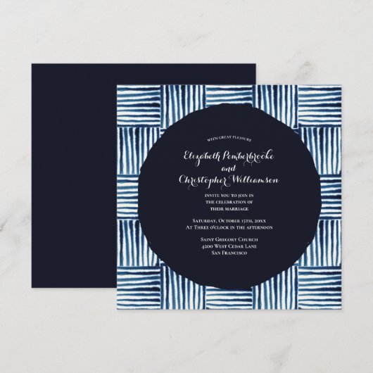 Modern Indigo Blue Stripe Waterverf Wedding Kaart (Voorkant / Achterkant)