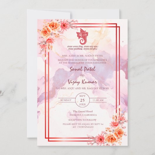 Modern Indisch Hindoe Bruiloft Ganesha Bloemmarmer Kaart (Voorkant)