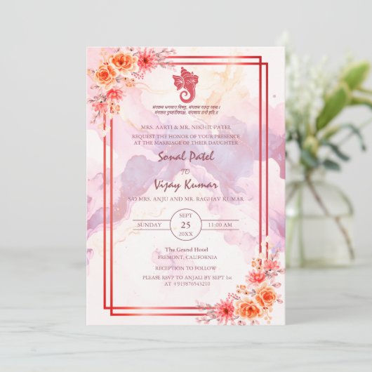 Modern Indisch Hindoe Bruiloft Ganesha Bloemmarmer Kaart (Staand voorkant)