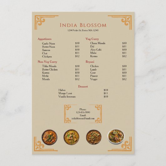 Modern Indisch restaurant gouden rand plat menu (Voorkant)