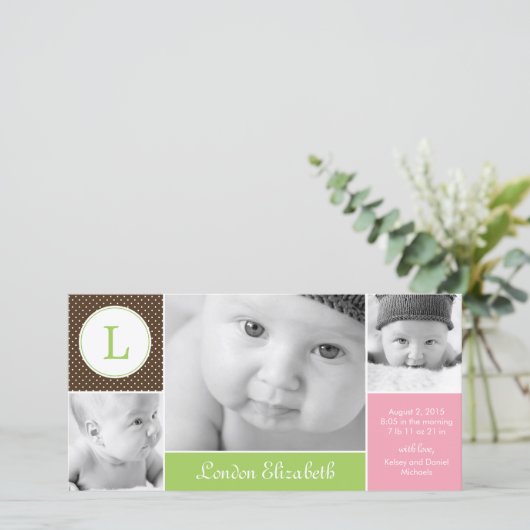 Modern Initiaal Baby Girl Geboorteaankondiging Aankondiging (Staand voorkant)