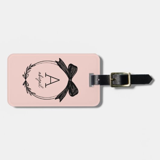 Modern Initiaal Black Bow Blush Pink Monogram Bagagelabel (Voorkant horizontaal)