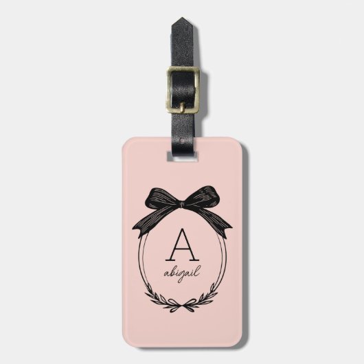 Modern Initiaal Black Bow Blush Pink Monogram Bagagelabel (Voorkant verticaal)