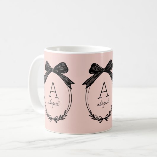 Modern Initiaal Chic Black Bow Blush Pink Monogram Koffiemok (Voorkant links)