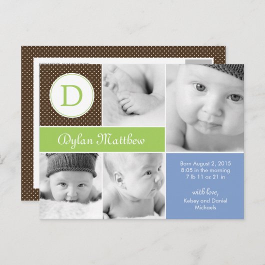 Modern Initiaal Geboorteaankondiging - blauw Aankondigingskaart (Voorkant / Achterkant)