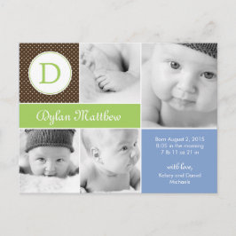 Modern Initiaal Geboorteaankondiging - blauw Aankondigingskaart