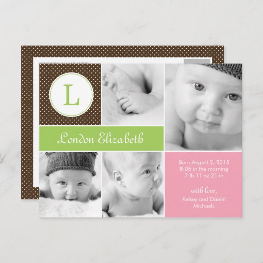 Modern Initiaal geboorteaankondiging - Roze Aankondigingskaart (Voorkant / Achterkant)