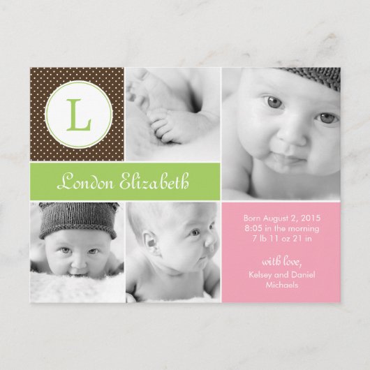 Modern Initiaal geboorteaankondiging - Roze Aankondigingskaart (Voorkant)