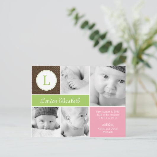 Modern Initiaal geboorteaankondiging - Roze Aankondigingskaart (Staand voorkant)