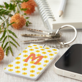 Modern initiaal monogram Retro Daisies Sleutelhanger