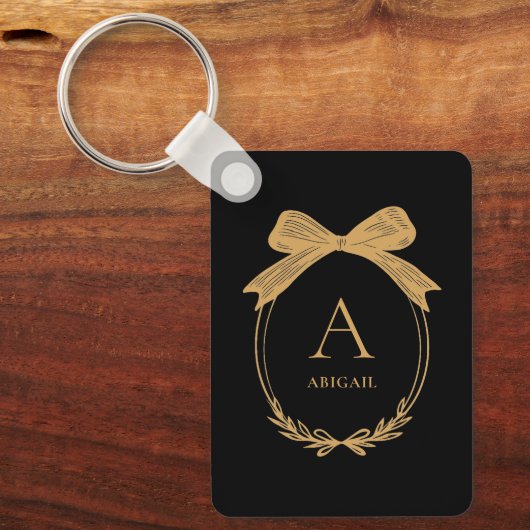 Modern Initial Black and Gold Chic Bow Monogram Sleutelhanger (Voorkant)