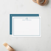 Modern Initial Patina Blue Border Stationery Notitiekaartje (Voorkant / Achterkant in situ)