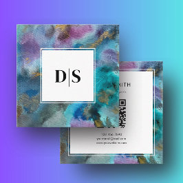 Modern Initial QRCode BlueTeal Watercolor Abstract Vierkante Visitekaartje