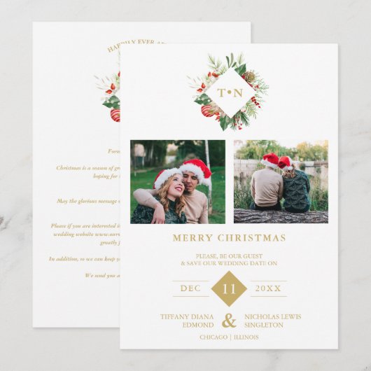 Modern Initials Floral Christmas Wreath 2 Photos  Save The Date (Voorkant / Achterkant)