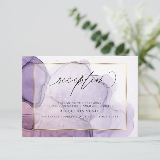 Modern Inky Plum Lila Roos Reception Kaart (Staand voorkant)