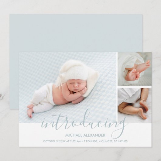 Modern Introduction Boy Photo Birth Announcement (Voorkant / Achterkant)
