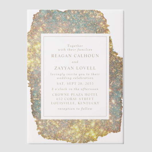 Modern Iridescent Glitter Wedding Vellum Uitnodigingen (Voorkant)