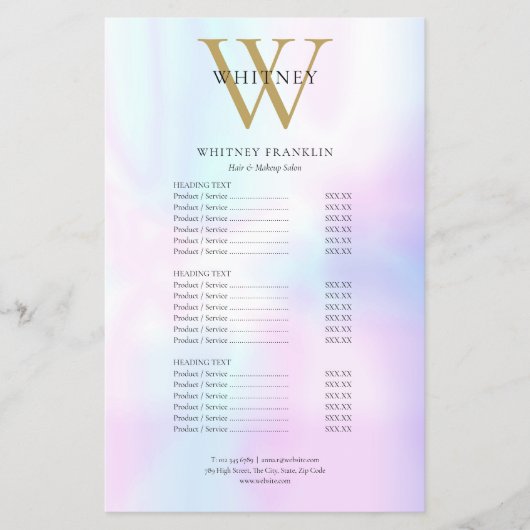 Modern Iridescent Monogram Salon Service Menu (Voorkant)