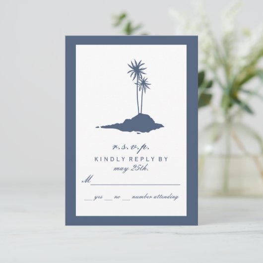 Modern Island Beach Bruiloft RSVP - Donkerblauw Kaartje (Staand voorkant)