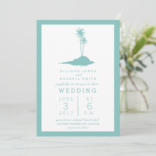 Modern Island Beach bruiloft uitnodiging - Blauwgr (Staand voorkant)