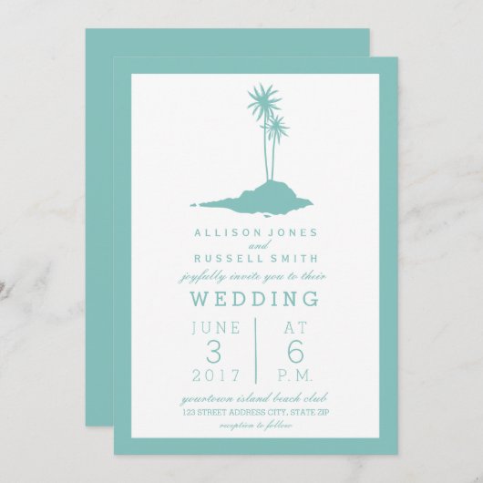 Modern Island Beach bruiloft uitnodiging - Blauwgr (Voorkant / Achterkant)