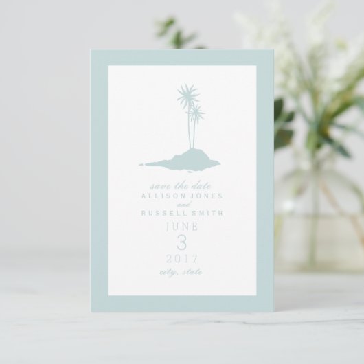 Modern Island Beach Wedding Save the Date - Blue (Staand voorkant)
