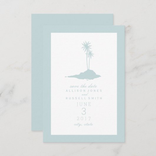Modern Island Beach Wedding Save the Date - Blue (Voorkant / Achterkant)