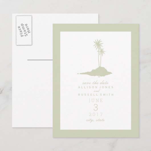 Modern Island Beach Wedding Save the Date - Green Aankondigingskaart (Voorkant / Achterkant)