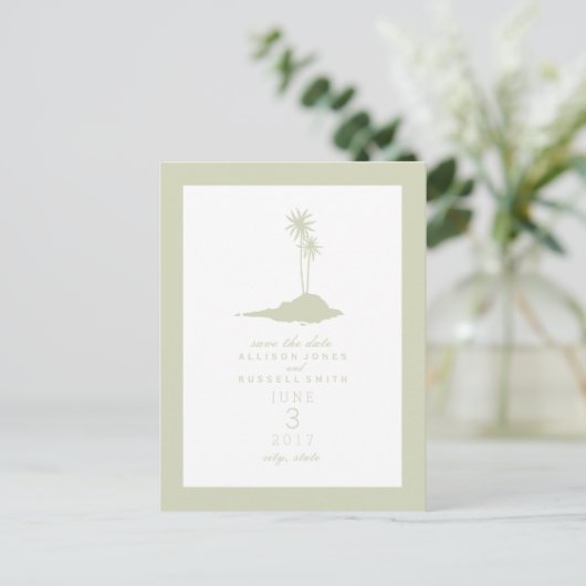 Modern Island Beach Wedding Save the Date - Green Aankondigingskaart (Staand voorkant)